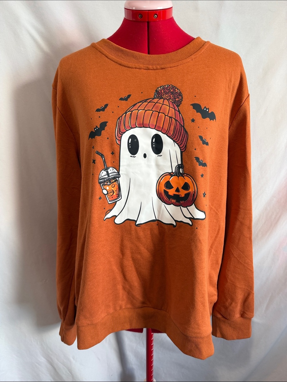 Women’s Orange Halloween Ghost Graphic Crewneck Sweater